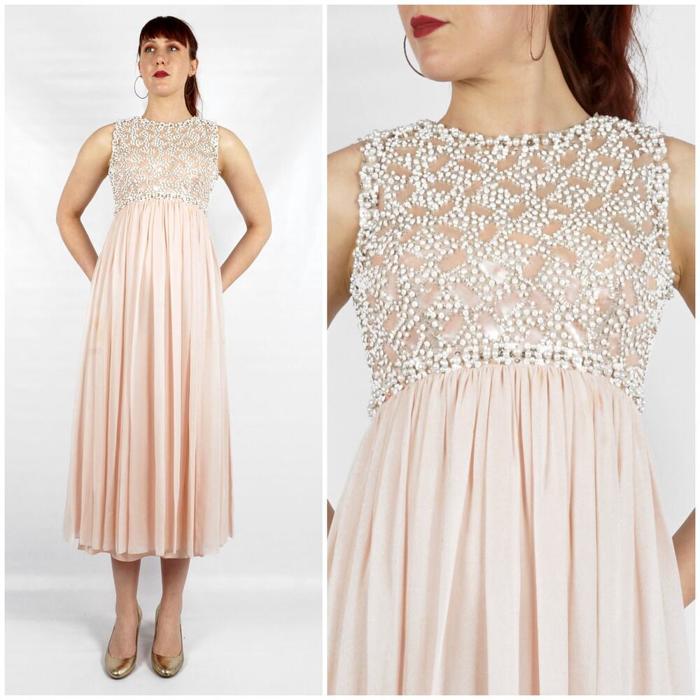 Vintage 60s Pink Silk Chiffon Maxi Dress Beaded Bodice Estelle Allardale | S/M